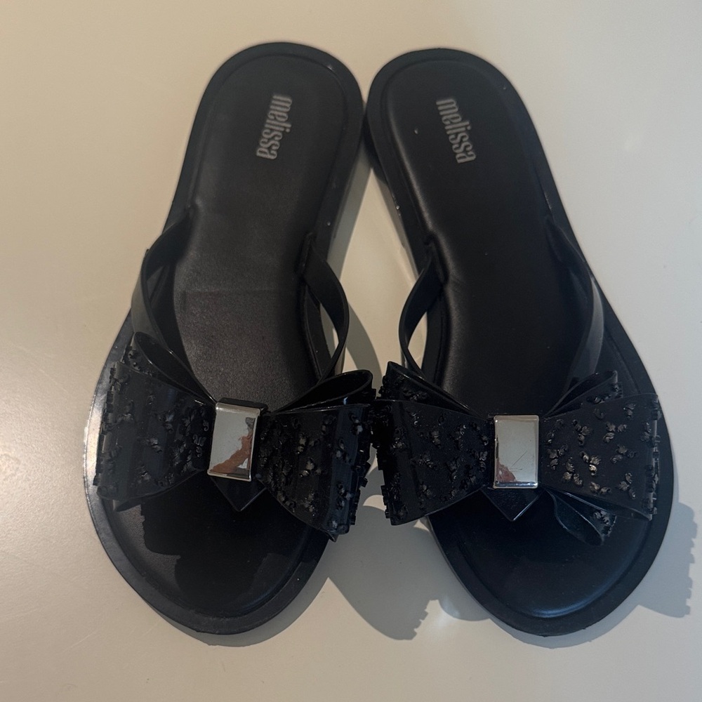 Melissa Black Glitter Bow Sandals
